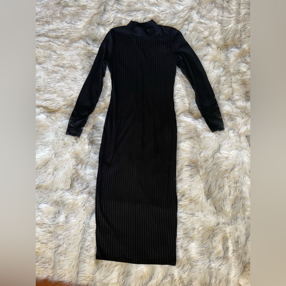 VENUS black long sleeve ribbed lined turtleneck midi dress